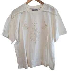 Saint Germain Vintage Blouse Women Medium White Beaded Cottage Glam Retro Granny